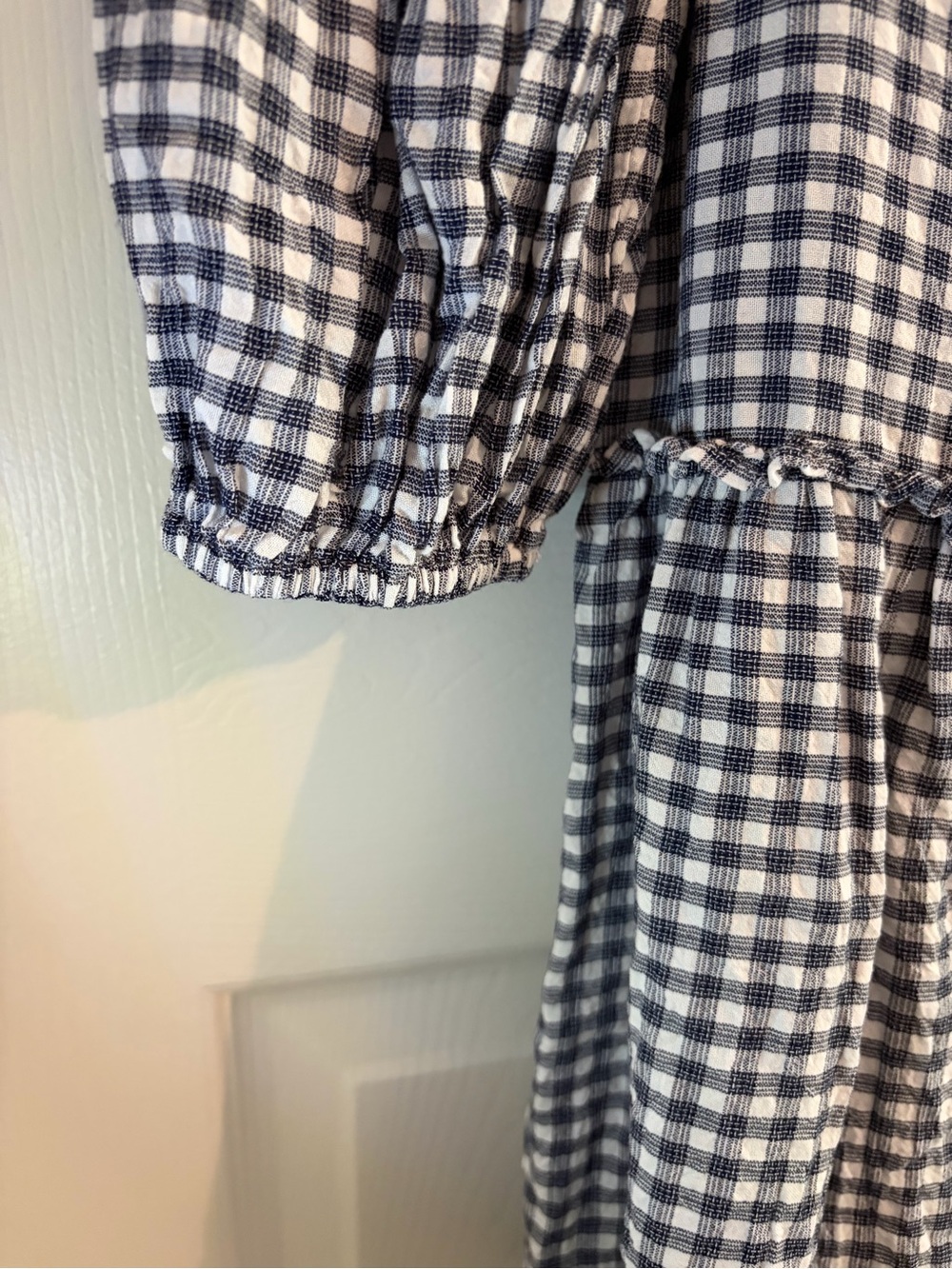 Max Studio Navy and White Gingham Long Sleeve Drop Waist Dress - Size L - Picture 7 of 9